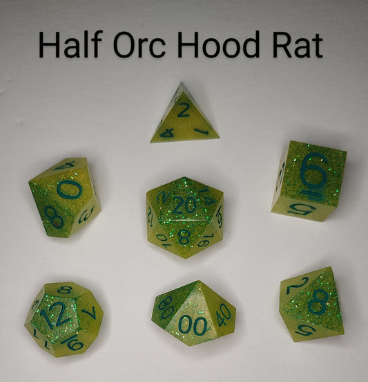 "Half-orc Hood Rat" Handmade sharp edged TTRPG 7 piece dice set (SECOND)