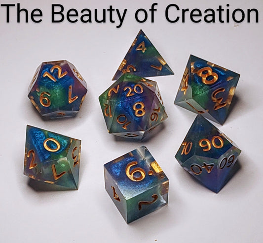 "The Beauty of Creation" 7 Piece Handmade Sharp Edge TTRPG Dice Set OOAK